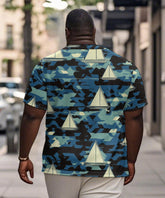 Men's Plus Size Hawaiian Blue Camouflage Sailboat Print Henry Collar Button Short Sleeve Tee